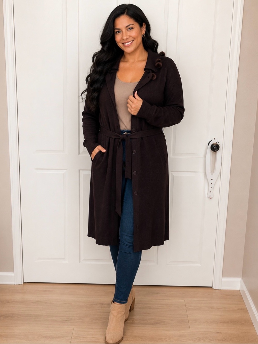 Cyrus Long Belted Cardigan in Dark Brown